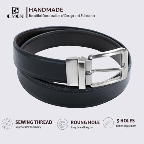 Image of CIMONI Reversible Leather Belt for Men | Genuine Leather & Vegan Leather Pin Buckle Belt | Classic Black /Brown Adjustable Belt for Formal, Business, Office & Casual Wear