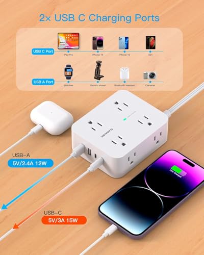 Image of Power Strip with Surge Protector, Extension Cord with Multiple Outlets, Ultra Thin 5ft Flat Plug, 8 Outlets, 4 USB Ports (2USB C), Multi Plug Extender
