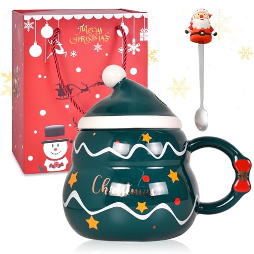 Tasse de Café de Noël 500ml en Céramique - Couvercle, Cuillère et Motif Père Noël - Cadeau Xmas pour Boissons Chaudes et Froides