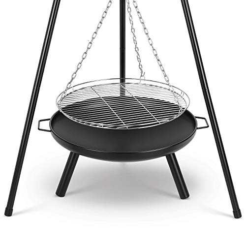 Foto von Schwenkgrill, Grill mit Feuerschale (Ø60cm), Grillrost (Ø52cm), Höhenverstellbarer Kette(200 cm)& Dreibein (H:152 cm), Dreibein Holzkohlegrill für Garten Hof Camping, für 7-10 Personen