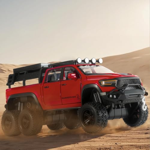 Image of RAM Mammoth Pick-Up Model Car 1:32 Exclusive Alloy Metal Pull Back Die-cast Car Die-cast Metal Pullback Toy car with Openable Doors & Light Music, Red Six Wheel