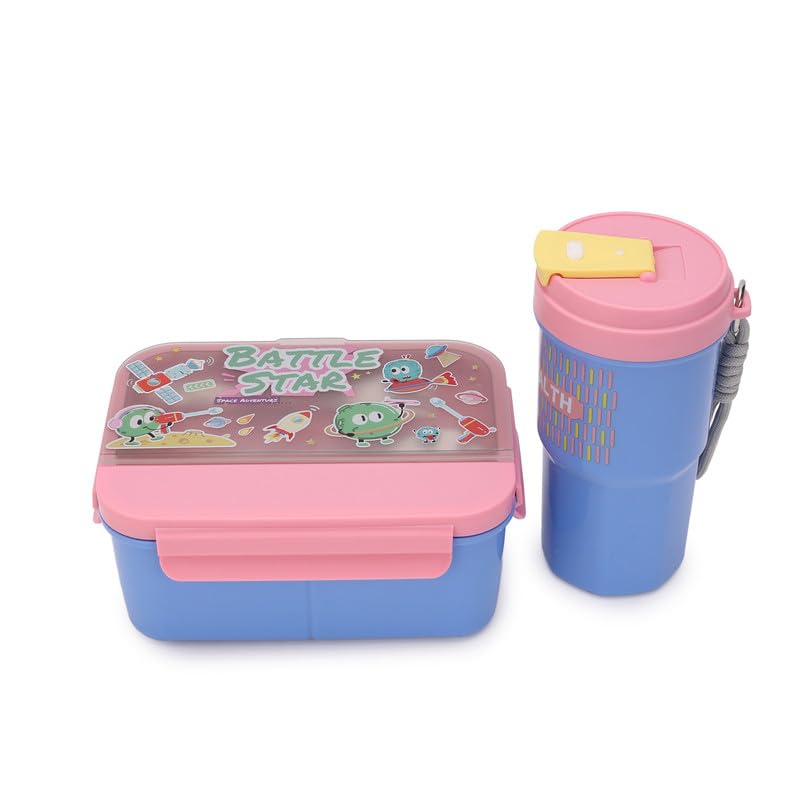 Image of Lunch Boxes 600 ml with 500ml Water Bottle Combo| Plastic 3 Compartment Leakproof Bento Box for School Picnic Office Boys and Girls - 4-Side Lock (Color - Pink)