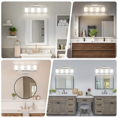 Image of FonmYim Brushed Nickel Bathroom Light Fixtures, 4-Light Modern Vanity Light Over Mirror, Wall Sconces with Milky White Frosted Glass Shades, E26 Socket (Bulbs Not Included)
