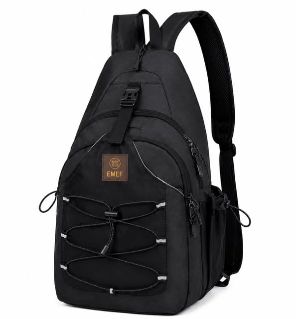 EMEF Pickleball Sling Bag, Lightweight Sports Backpack with Hidden Paddle Holder, Multiple Pockets, Fence Hook & Bottle Holder for Pickleball, Padel, Tennis & Badminton (Black)