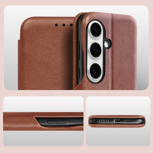 Image of PULOKA for Samsung Galaxy S24 - Sleek Flip Case - Premium Vegan Leather Phone Cover with Card Slot - Slim, Durable, Privacy Protection - Kickstand Function - Elegant Flip Wallet Cases - Brown