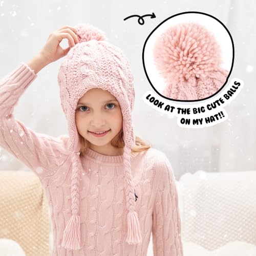 Winter Peruvian Hat Earflap Fleece Lined Pompon Knit Hat Beanie for 3-10T Baby Girls3
