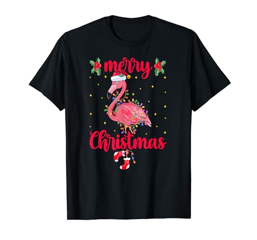 Flamingo Santa Hat - Xmas Lights Flamingo Lover Christmas Maglietta