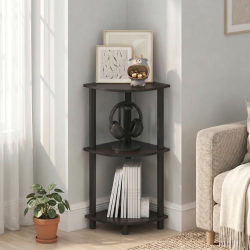 Image of Furinno Turn-N-Tube Toolless Assembly 3-Tier Storage Shelves, Dark Walnut | Black Corner Shelf, Open Storage Book Shelf, for Organization and Storage, Living Room, Home Office, Bedroom