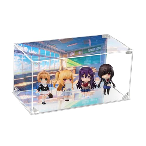 CHILLCASE UV Printed Background Acrylic Display Case with Mirror Base Anime Scene Clear Display Box Stand for Collectible Showcase for Action Figures Models PVC(Classroom,11.8×5.9×5.9 inch
