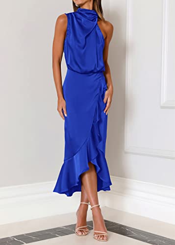 Image of KIRUNDO Women's Summer Satin Mock Neck Wedding Guest Dress | Party Cocktail Midi Dress, 2026 Spring Fashion, Silky, Elegant Classy Halter High Neck, Sleeveless Wrap Ruffle Formal Dress