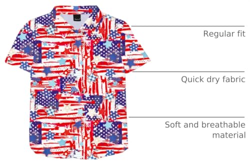 Image of Remimi Unisex Kids 4th of July Button Up Shirt Boys American Flag Print Hawaiian Beach Short Sleeve Tops 5-14 Years
