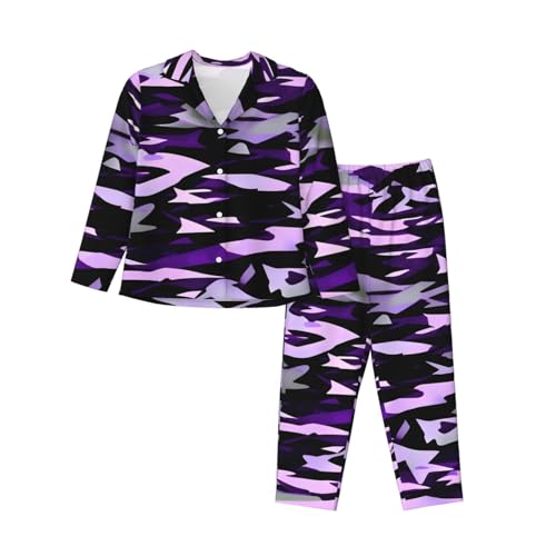 Conjunto de pijama de manga larga para mujer, estampado de camuflaje americano, tela suave y transpirable para relajarte en el hogar, Negro -, L/3XL