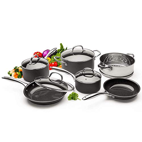 DiamoTech 10 Piece Set Diamond Infused Ceramic Non Stick Cookware Aluminum Saute and Frying Pan Steamer Sauce PanPots Strong - Scratch Resistant - Heat Resistant - PTFEPFOAPFOS Free