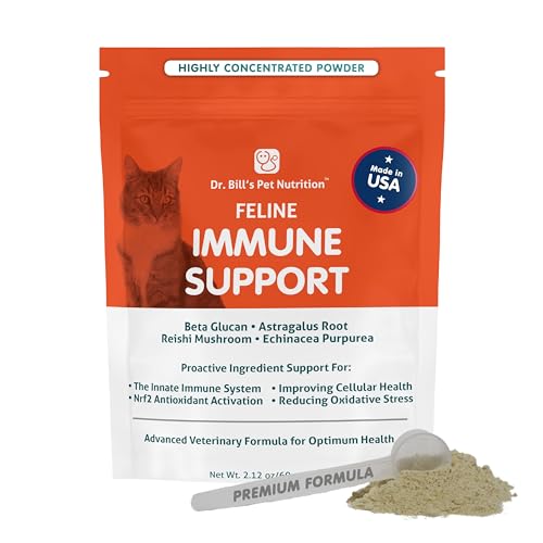 Dr. Bills Feline Immune Support | Boosts Cat Immunity and Health with Colostrum Beta Glucan Turkey Tail Mushroom Zinc & Vitamin C | Powder Supplement for Cats of All Ages