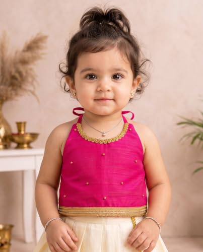 Image of Stanwells Kids Baby Girl Dress Cream Gold Pattu Pavadai Cotton Silk Lehenga Choli Kerala Kasavu South Indian Onam Festival Traditional Ethnic Wear