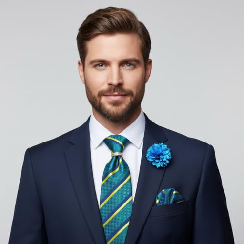 Image of 5PCS Mens Premium Silk Tie, Pocket Square, Cufflinks, Drilled Tie Ring and Lapel Pin Set for Wedding Groom Party