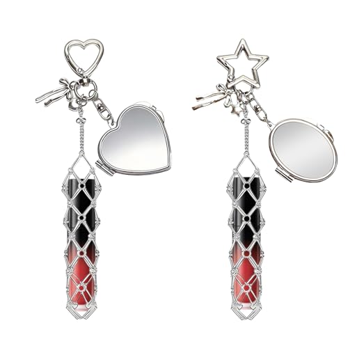 Qoncosy 2 Pack Y2K Mirror Lipstick Case Keychain Holder, Silver Heart and Circle Design Mirror Lipstick Case Keychain, Portable Lip Gloss Keychain Holder for Women (Silver)