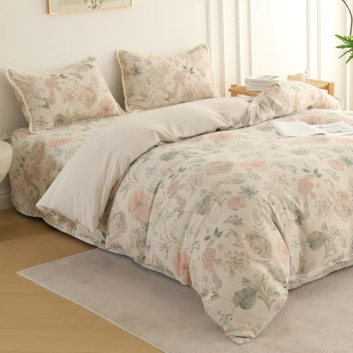 Image of Story@Home King Size Bedcover Set | 400 TC Microfiber Bedding Set with 1 Duvet Cover 1 King Bedsheet 270 x 250 cm & 2 Pillow Covers | Soft Durable Duvet Cover Set Floral Pattern | Beige Pink