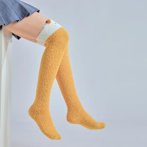 Image of Thigh High Fuzzy Socks Cute Animal Coral Fleece Over the Knee Thigh High Long Stockings Warm Stripe