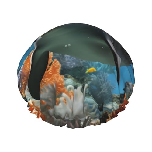 Gorro de ducha con estampado de delfín en el arrecife de coral para mujer, doble capa, impermeable, elástico, reutilizable, protección para el cabello, para spa, salón de baño, damas