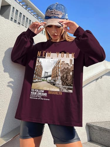 Image of CHKOKKO Oversized Round Neck Drop Shoulder Printed Polyester Full Sleeves T-Shirt for Women