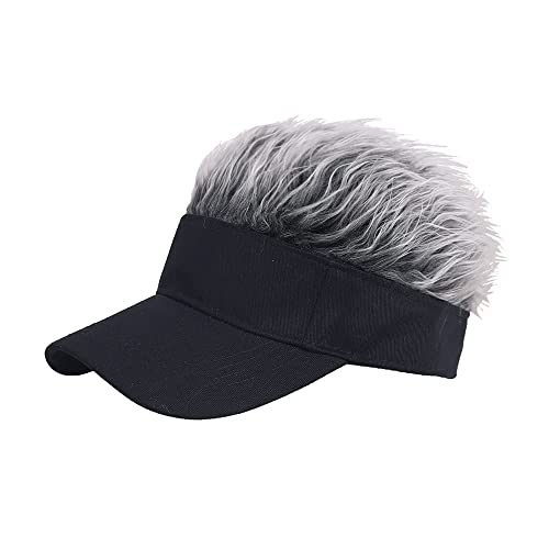 MIGOU Novelty Flair Hair Visor Sun Cap Wig Peaked Baseball Hat Novelty Adjustable Visor with Spiked Hair Black Grey, Medium