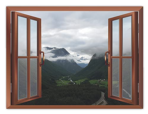 Image of CVANU Beautiful Green High Mountain Covering with White Clouds, Removable Fake Window Wall Stickers /Decals for Living Room Cv 43