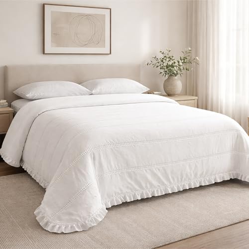 Liniva Home - Colcha Bouti Lavada Termosellada con Volante, SIN Cojines, Ligera para Verano y Entretiempo, 100% Microfibra, Tacto Extra Suave - Modelo Rayas Novara (Novara - Blanco, Cama 180cm)