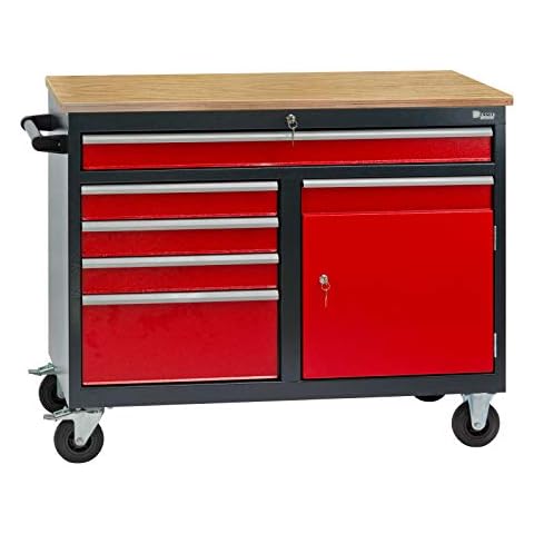 Mobile Werkbank Werktisch Transportwagen rot/anthrazit 5 Schubladen 1 Tür 120x60x93 cm Cover