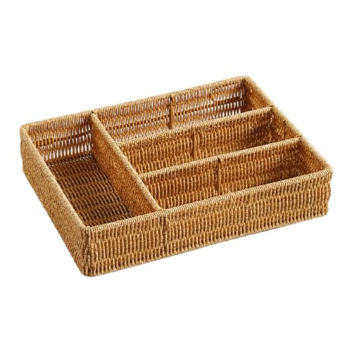 PRETYZOOM Cesta Organizadora Para Cubiertos y Llaves 34x26x7 Cm Tejido Efecto Rafia Separadores Ligera Multiuso Para Cocina, Oficina y Hogar, Organizador Tray 4 Compartimentos Color Café Claro