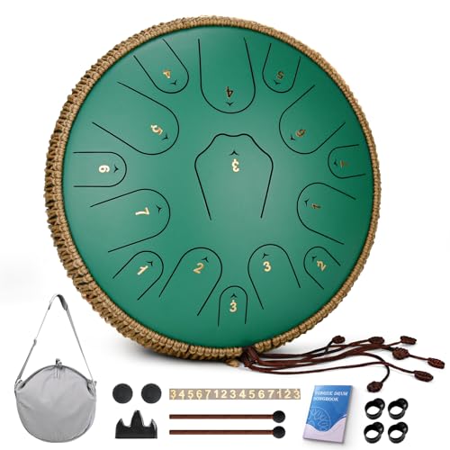 Image of Steel Tongue Drum-14 Inch 15 Notes Tongue Drums, Steel Drum Instrument for Adults, Handpan Drums with Music Book, Handpan Drum Mallet, and Carry Bag, C Major (Green)