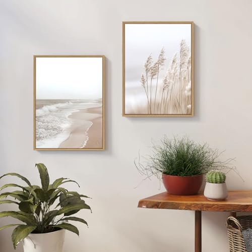 Image of Neutral Beach Pampas Grass Wall Art Boho Coastal Canvas Wall Decor, Ocean Shore Landscape Scene Nature Wilderness Prints Artwork for Living Room Bedroom Framed Ocean Theme, Set of 3, 12x16 Inch
