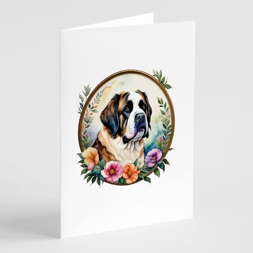 Caroline's Treasures Saint Bernard and Flowers Greeting Cards and Envelopes Pack of 8 Blank Cards with Envelopes Whimsical A7 Size 5x7 Blank Greeting Cards