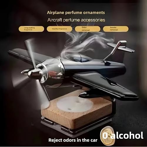 Image of DETACHI Solar Dashboard Airplane Wooden Base Air Freshner Diffuser, Alloy Solar Energy Rotating Airplane Ornament for Car (Black), Liquid, 1 Count