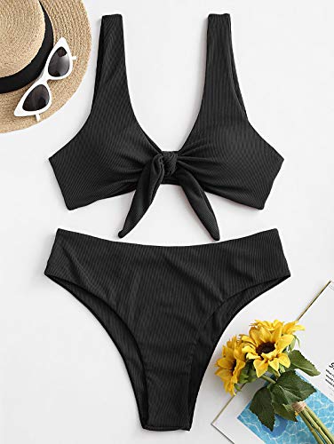 ZAFUL Women's Ribbed Tie Front Knot Bralette High Waisted Hipster Bikini Ditsy Floral High Cut Swimsuit2