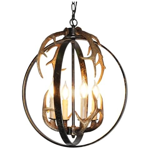 QIANLU Antler Chandelier - 4 Light D18.5 Vintage Globe Rustic Pendant Lighting Cover