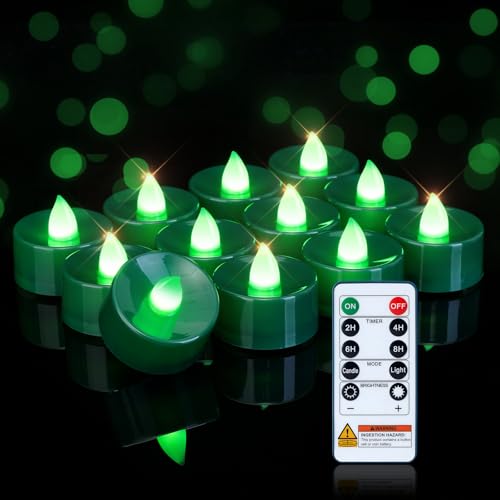 Image of Homemory 12-Pack Green Remote Flameless Battery Tea Light Candles, 400+ Hrs