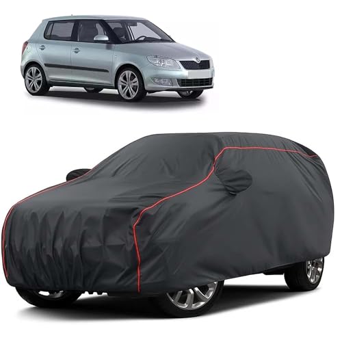 Image of Sulfar 100% Water Resistant Car Body Cover Compatible with Mirror for Skoda Fabia (Triple Stitched, Full Bottom Elastic, Dark Grey Taffeta with Red Piping)