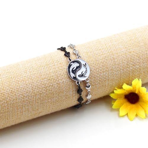 Image of 2 Couple Bracelets for men women, Love /Koi Fish /Gossip Jigsaw Puzzle Stainless Steel Heart-shaped Chain Adjustable Bracelet for Boyfriend Girlfriend Valentine's Day Gift Jewelry