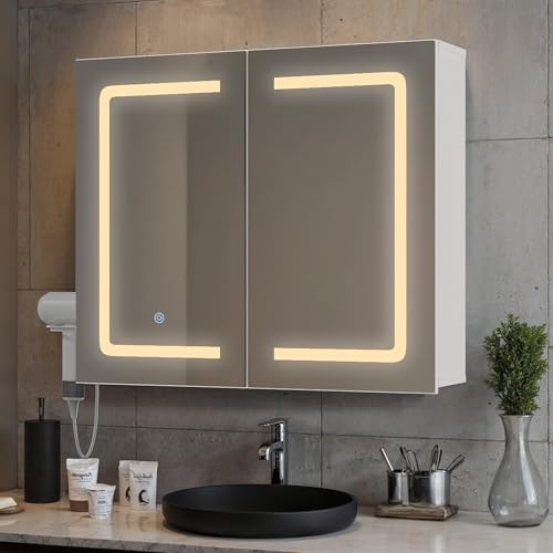 Blishom Armario De Baño De Pared Con Espejo E Iluminación Led, Regulable Con Sensor Táctil, Enchufe, Estantes Ajustables, Puerta Doble De Mdf, Color Blanco 70 16 60cm