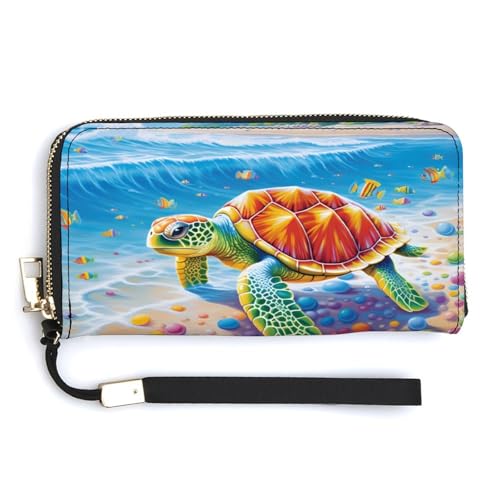 Ocean Animal Sea Turtles Leather Wallet Fashion Bifold Purse Long Pouch with Wrist Strap for Men Women