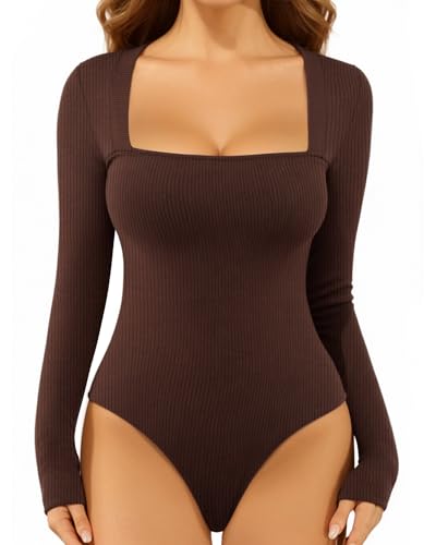Image of Mangopop Women' Long Sleeve Ribbed Bodysuit Jumpsuits