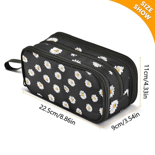 Image of ALAZA White Daisy Flower Black Pencil Case Large Capacity Pencil Pouch with 3 Compartments Stationery Case Pen Bag for Boys Girls Kids Adults School Office