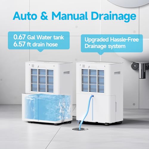Image of 34 Pints Dehumidifiers for Home with 6.56ft Drain Hose, Smart Humidity Control, Max 2441 Sq.Ft Quite & Energy Efficient Dehumidifier for Basement Bedroom Bathroom with Auto Shut Off, 2.5 L Water Tank | 2441 Sq.Ft. Coverage,6.56 ft Drain Hose,LED Display,Quiet,2.5L Water Tank,Auto Defrost,360Wheels