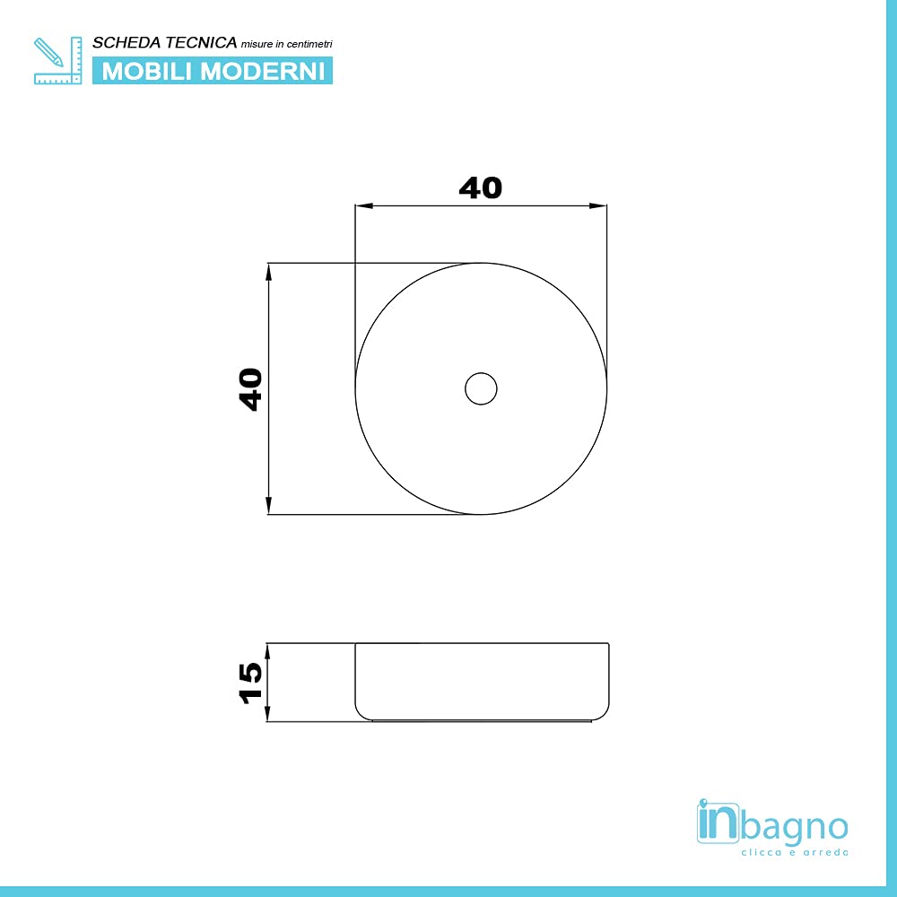 Lavandino Bagno d'Appoggio Tondo in Ceramica Diametro 40 cm Bianco Lucido