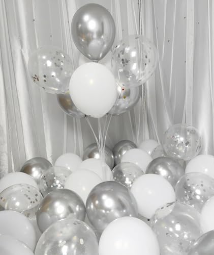 Image of 300 Pack White and Silver Balloons 12 Inch Silver Confetti Balloon for Various Party Events Decorations