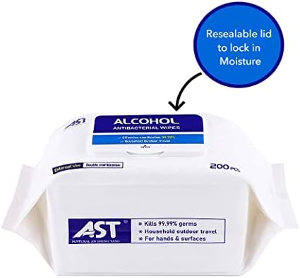 AST 200 Durable Wipes Antibacterial Sanitising Alcohol Disinfectant Hard Surfaces Door Handles Keyboards Gym Effective Against 99.99 Bacteria Resealable Pack