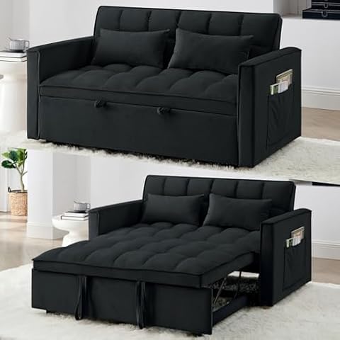 Thctvous 3 in 1 Comfy Sleeper Sofa Couch with Pullout Bed, Velvet Convertible Loveseat Sleeper Bed w/Adjustable Backrest for Living Room Apartment, Easy to Assemble (Black) Cover