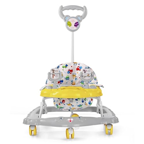 Image of BabyGo Jonny Walker for 6-24 Months | Foldable Baby Walker with Push Handle & Activity Tray | Adjustable Height Infant Walker with Wheels Music Toy Bar & Comfortable Seat (Yellow)