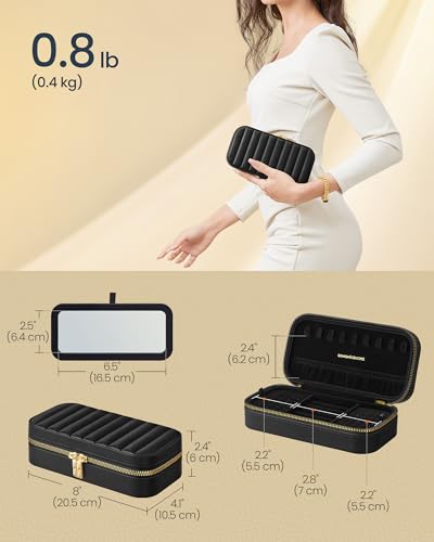 Image of SONGMICS HOME Travel Jewelry Case with Mirror, Stitching, Portable | Jewelry box organizer, 4.1 x 8 x 2.4 Inches, Gift Idea, Ink Black, UJBC180B01
